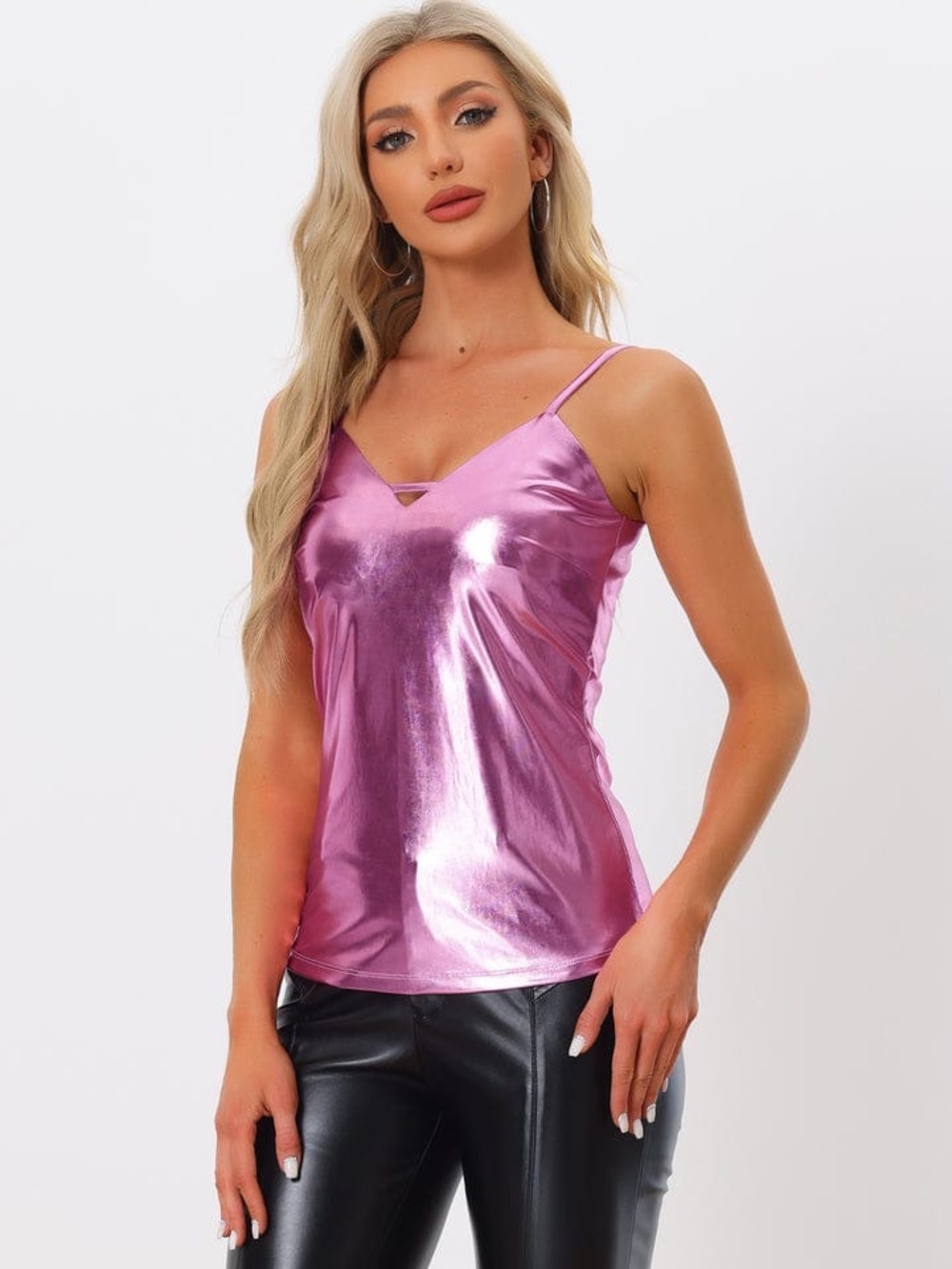 Allegra K Metallic Rose Pink Spaghetti-Strap V-Neck Cami